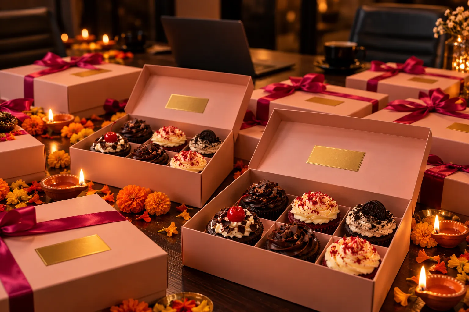 Pink cupcake gift boxes for a corporate order
