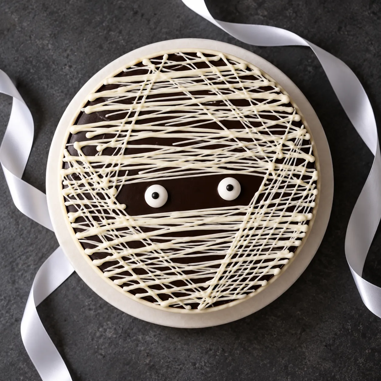 Halloween Sinful Chocolate Zombie Cake with white chocolate strands and two candy eyes