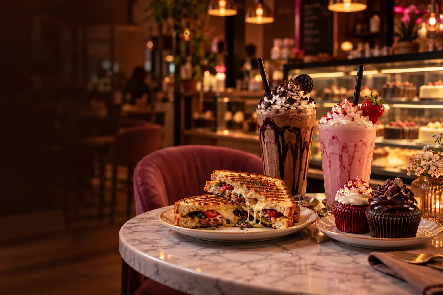 Shakes, sandwiches and cupcakes on a café table