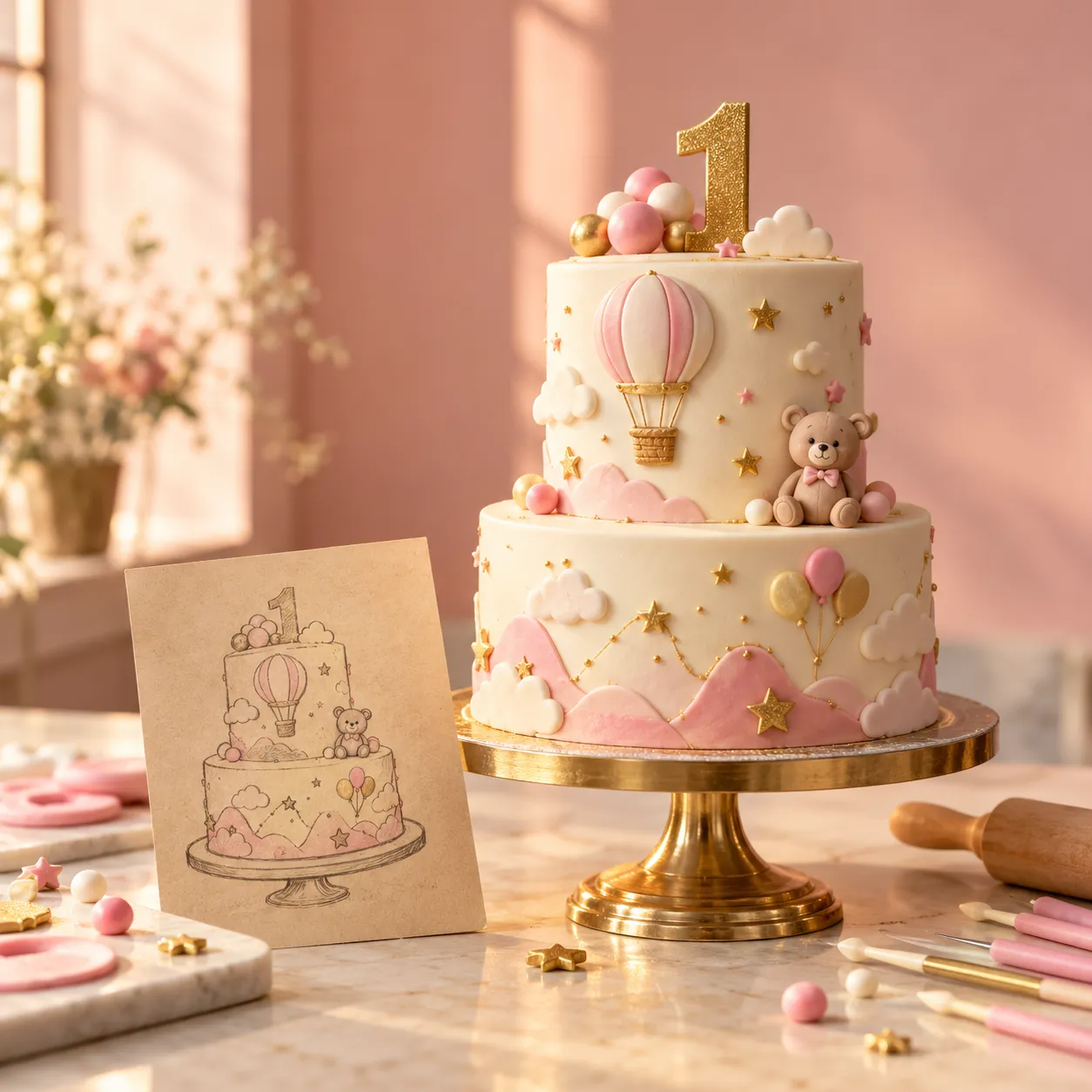 Custom first birthday cake with fondant hot air balloon and teddy, beside the sketch it was made from