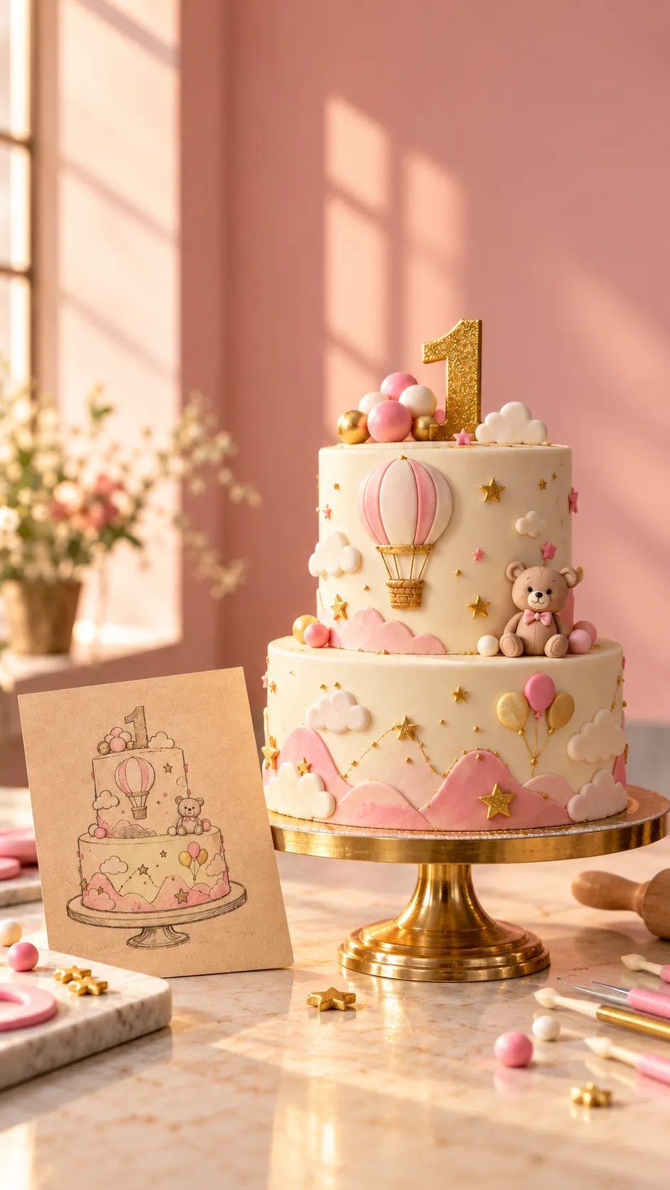 Custom first birthday cake with fondant hot air balloon and teddy, beside the sketch it was made from