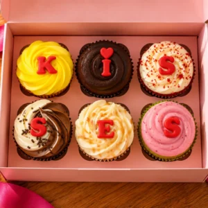 Kisses box of 6 cupcakes with red fondant letters