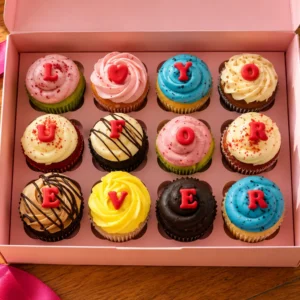 I Love You Forever box of 12 cupcakes with red fondant letters