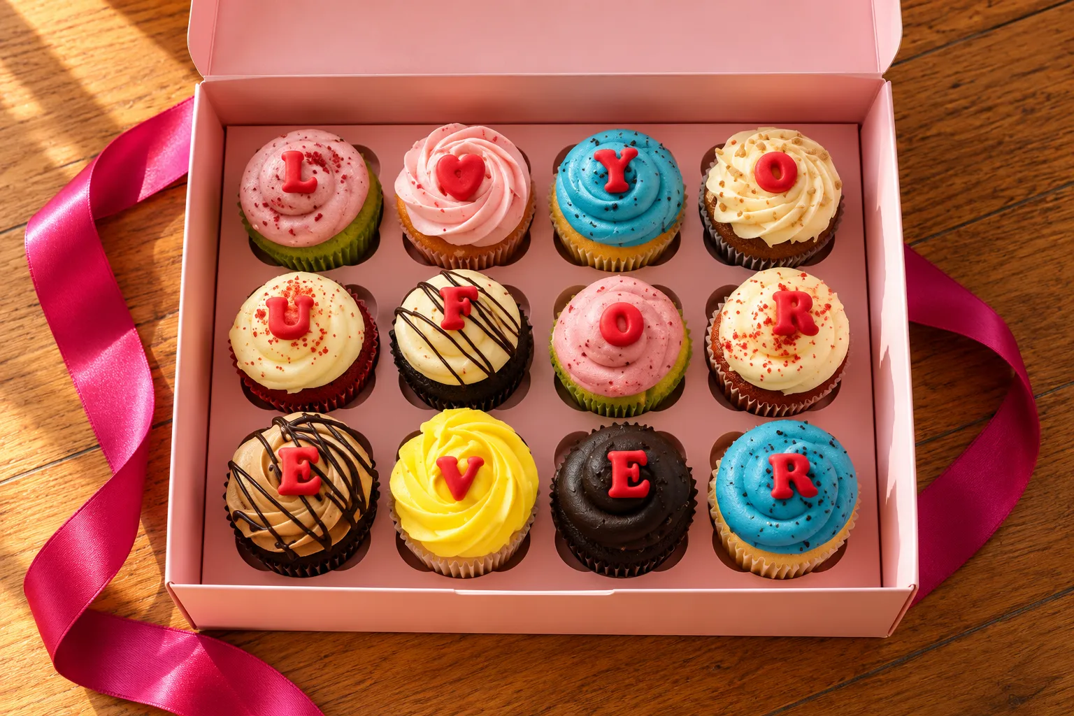 I Love You Forever box of 12 cupcakes with red fondant letters
