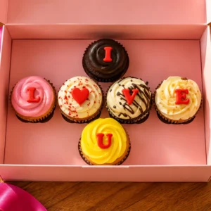 I Love U box of 6 cupcakes with red fondant letters
