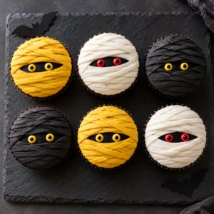 Box of 6 mummy Halloween cupcakes wrapped in yellow, white and black fondant bandages with candy eyes