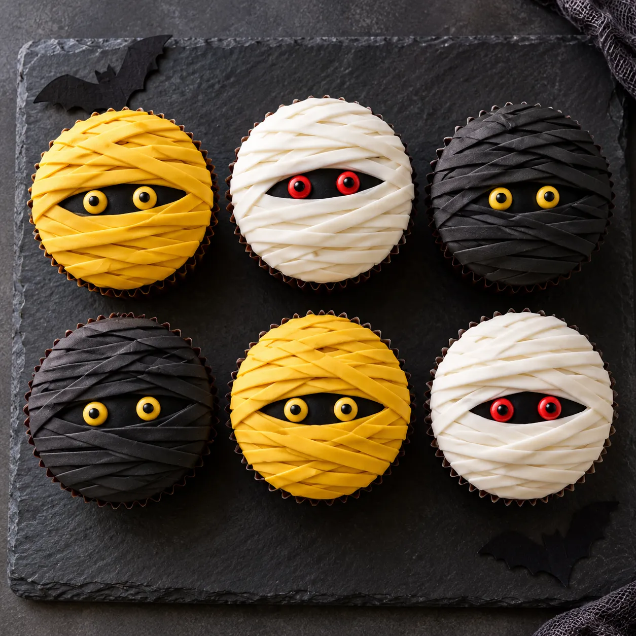 Box of 6 mummy Halloween cupcakes wrapped in yellow, white and black fondant bandages with candy eyes