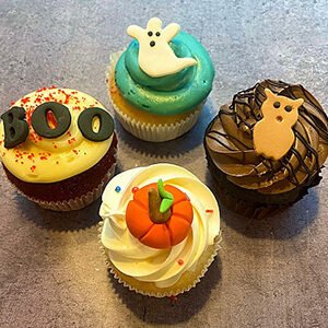 Box of 4 Halloween cupcakes with BOO, pumpkin, ghost and owl toppers