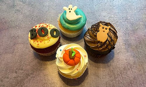 Box of 4 Halloween cupcakes with BOO, pumpkin, ghost and owl toppers