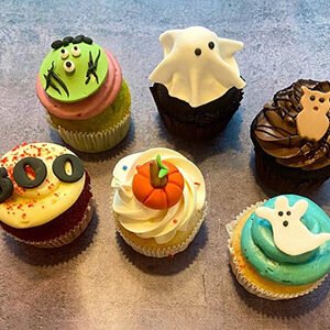 Box of 6 Halloween cupcakes with monster, ghost, owl, BOO and pumpkin toppers